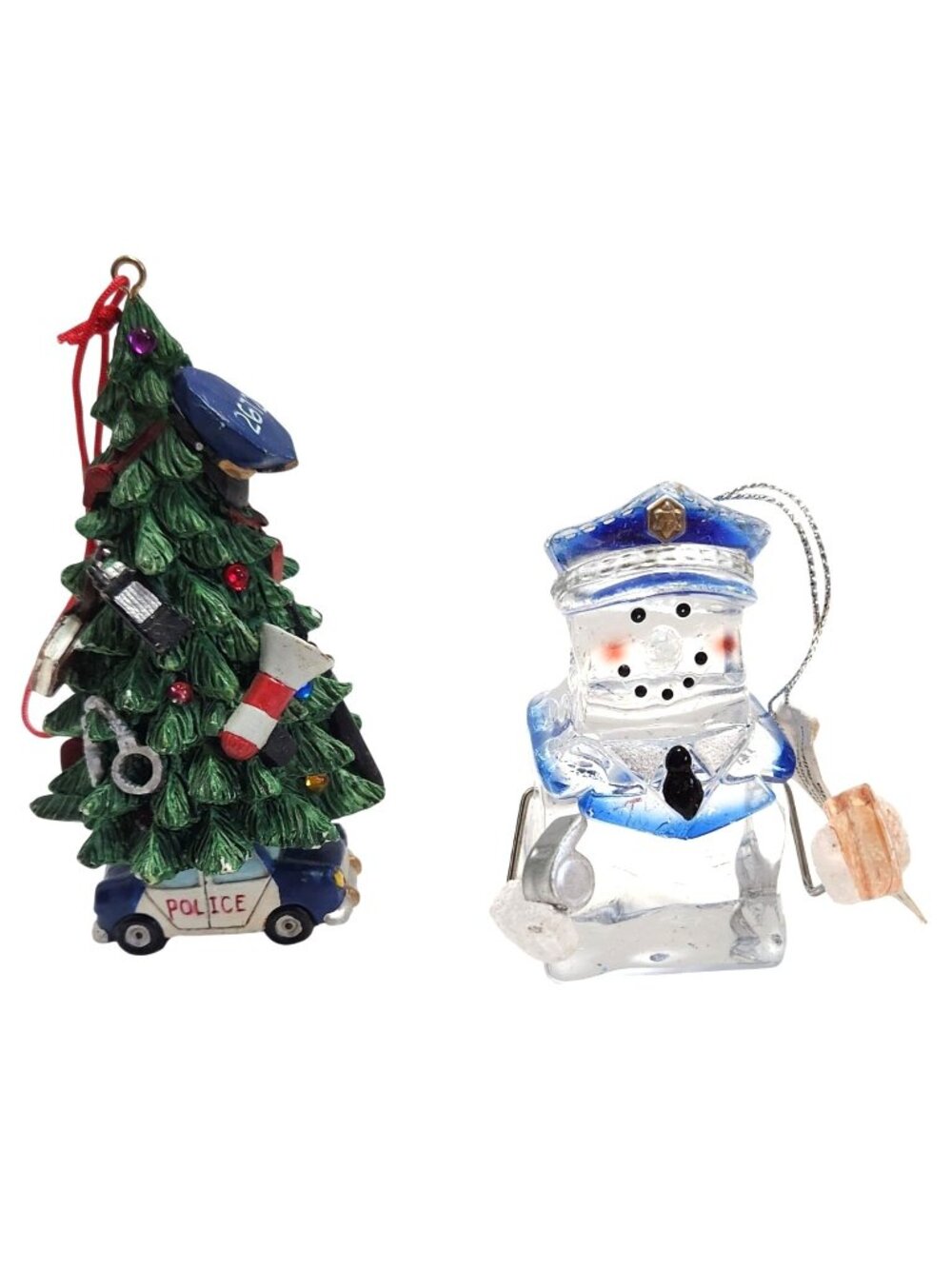 Police Christmas Ornaments Set of 2 Police Car with Tree & Officer Snowman READ